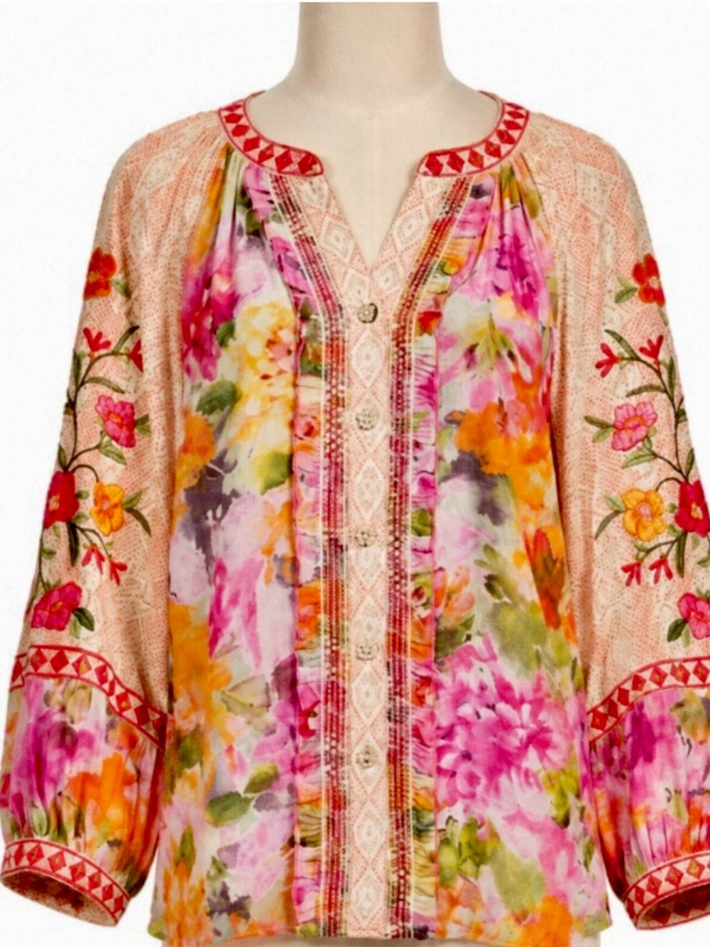 John Marks Embroidered Watercolor Floral V-Neck button down L